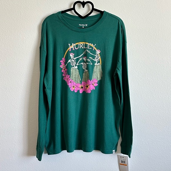Hurley Tops - Hurley Green Hula Skeleton Graphic Long Sleeve Relaxed Fit Tee Size S